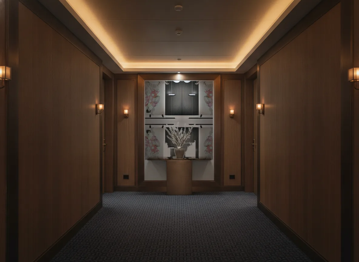 Portret kobiety — Ciemny korytarz hotelowy — ściana na końcu