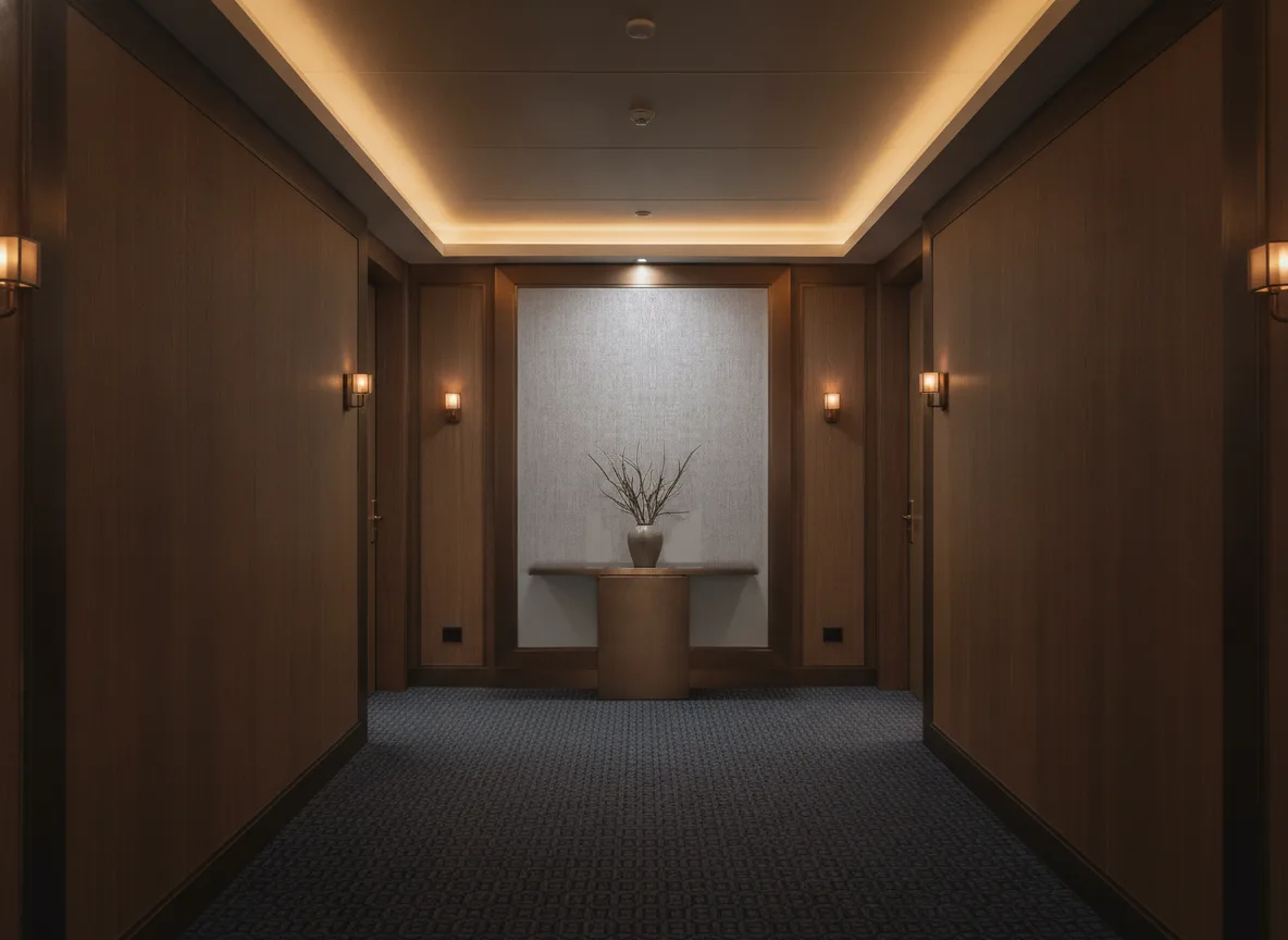 Dhaka — Ciemny korytarz hotelowy — ściana na końcu