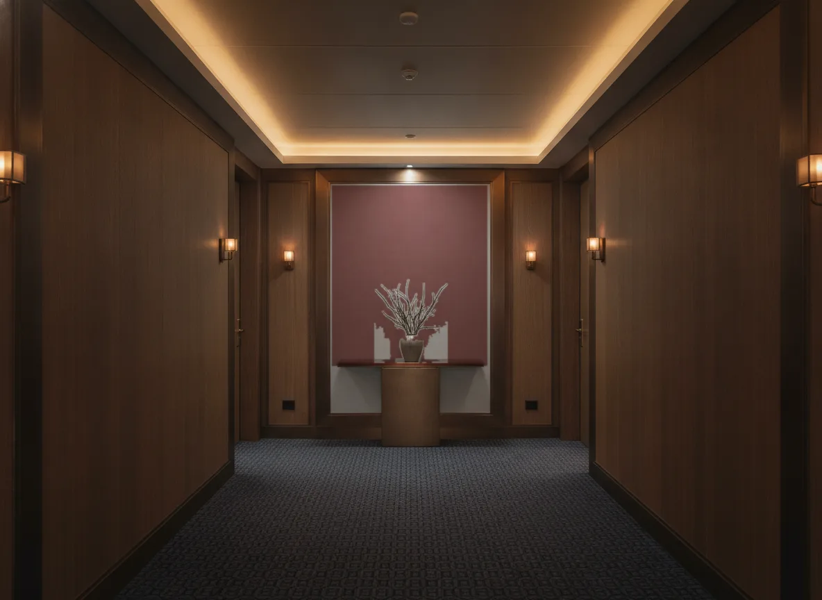 Eos Color 3 — Ciemny korytarz hotelowy — ściana na końcu