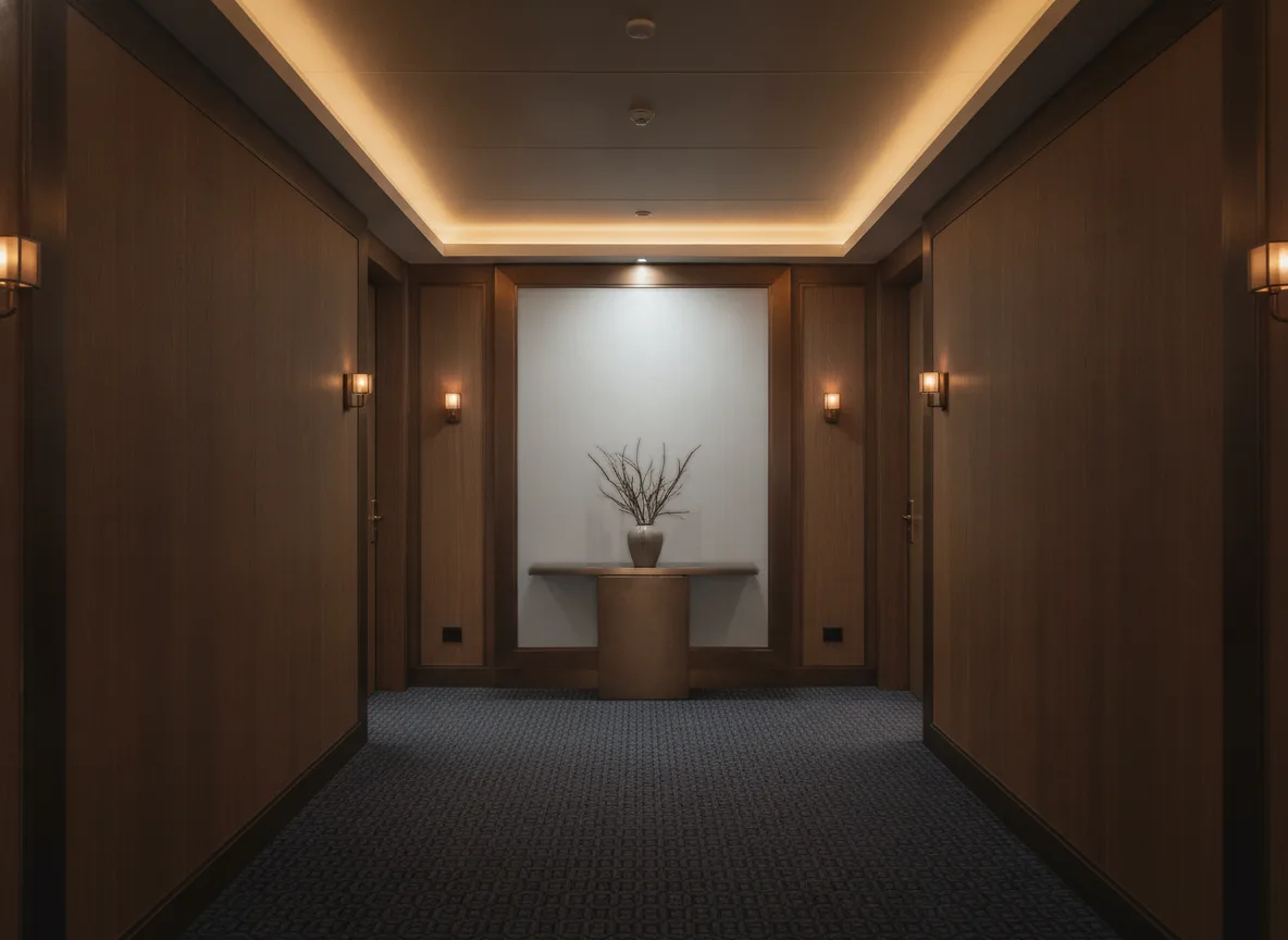 Lime — Ciemny korytarz hotelowy — ściana na końcu