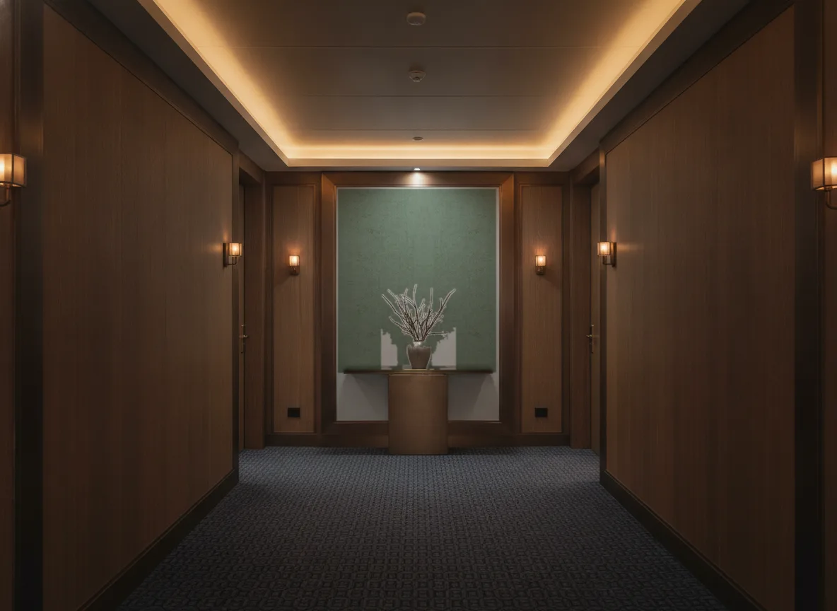 Origin — Ciemny korytarz hotelowy — ściana na końcu