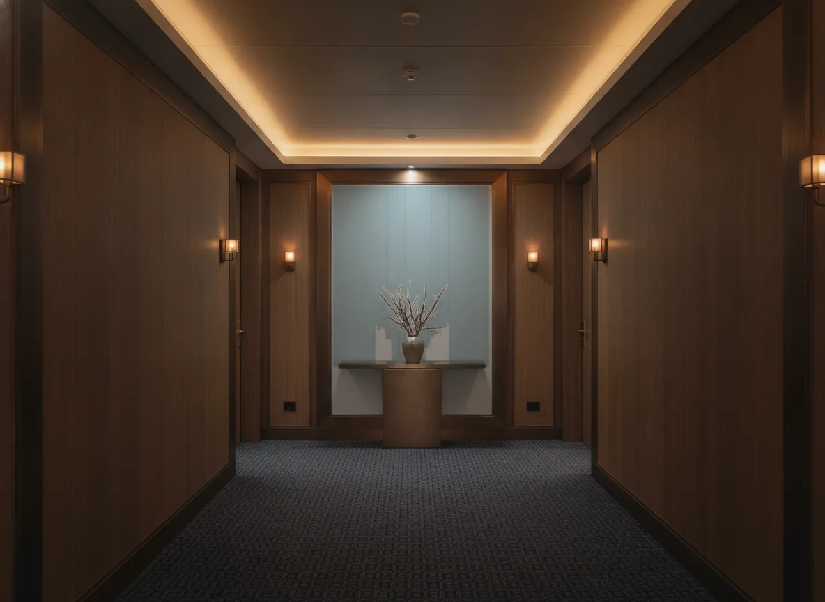Polyform Eos Vertigo — Ciemny korytarz hotelowy — ściana na końcu