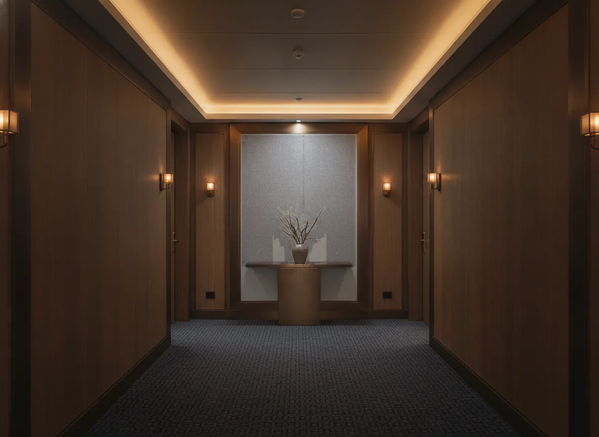 Polyform Vinacoustic Arcad — Ciemny korytarz hotelowy — ściana na końcu