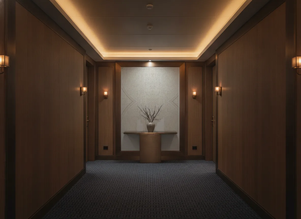 Polyform Vinacoustic Galeo — Ciemny korytarz hotelowy — ściana na końcu