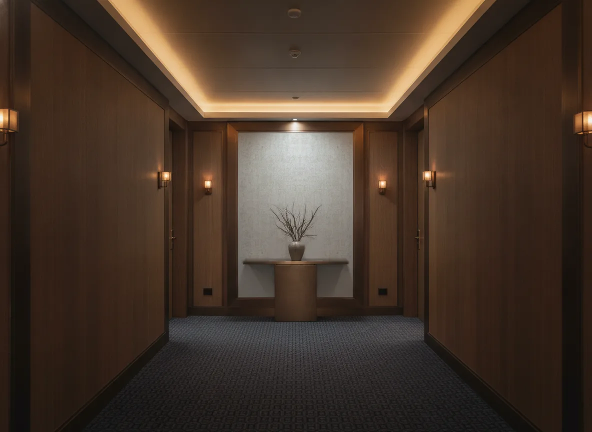 Polyform Vinacoustic Roma — Ciemny korytarz hotelowy — ściana na końcu