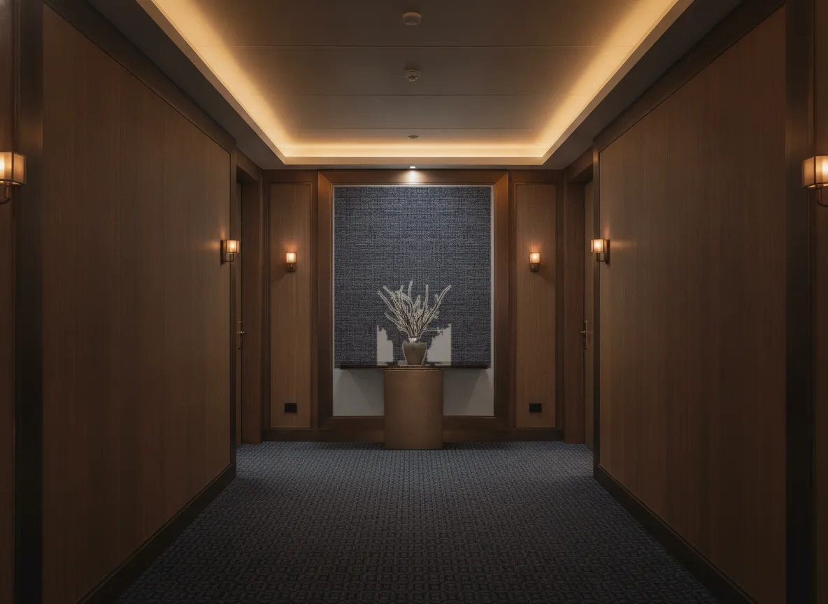 Soft 2 — Ciemny korytarz hotelowy — ściana na końcu