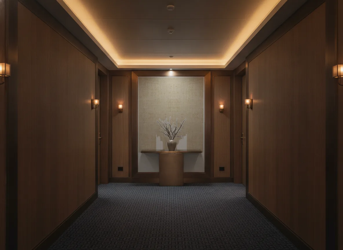 Velvet — Ciemny korytarz hotelowy — ściana na końcu