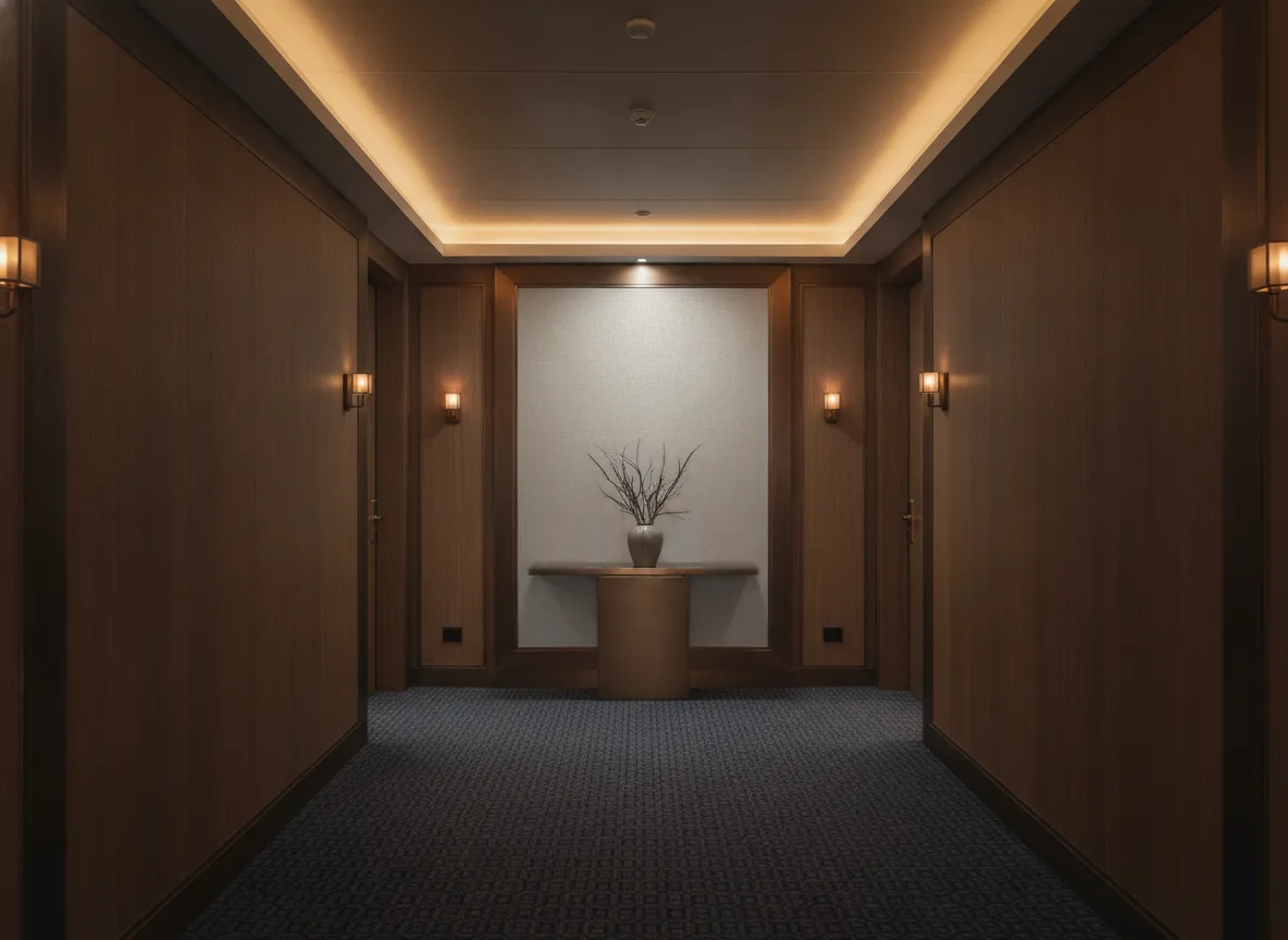 Vinacoustic Linen 3 — Ciemny korytarz hotelowy — ściana na końcu