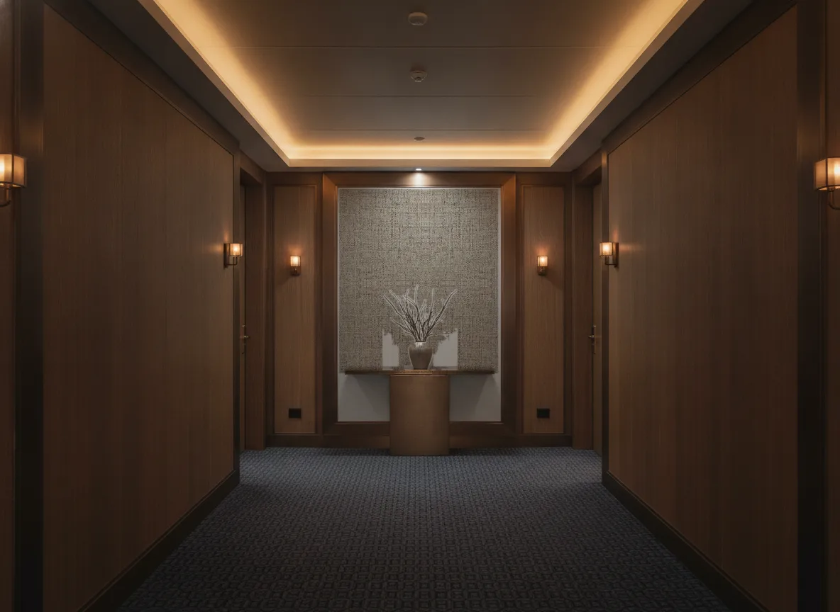 Vinacoustic Melia — Ciemny korytarz hotelowy — ściana na końcu