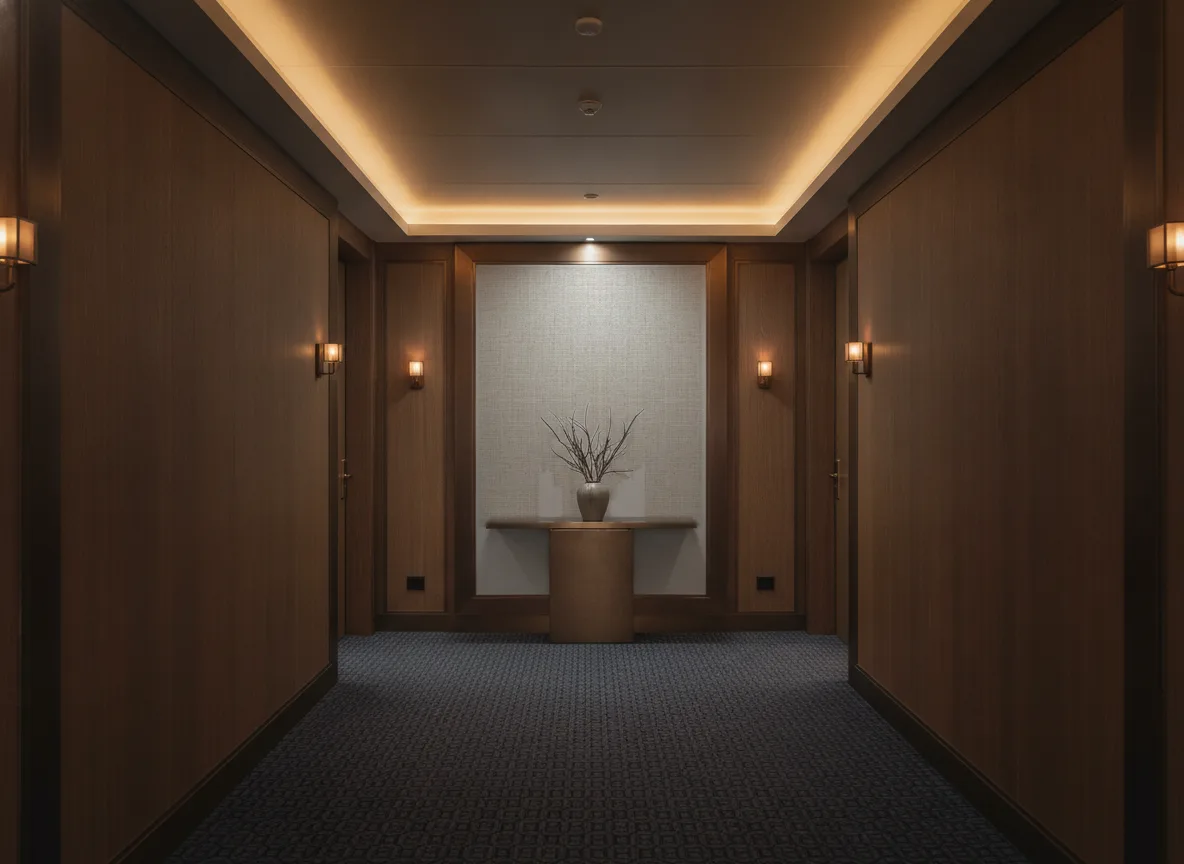 Vinacoustic Siana — Ciemny korytarz hotelowy — ściana na końcu