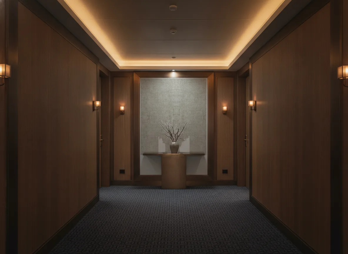 Vinacoustic Stone — Ciemny korytarz hotelowy — ściana na końcu