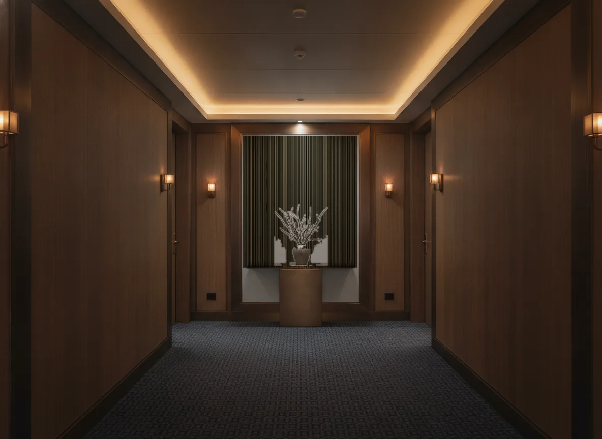 Tapeta obiektowa Harry Glossy W01 — Ciemny korytarz hotelowy — ściana na końcu