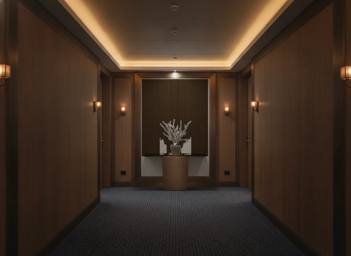 Tapeta obiektowa Henry W31 — Ciemny korytarz hotelowy — ściana na końcu