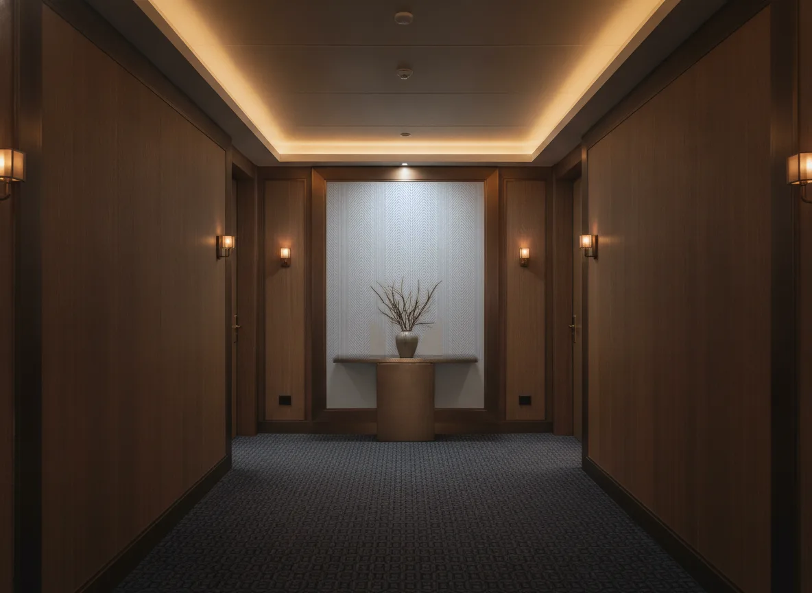 Tapeta obiektowa Lana W-31426-103 — Ciemny korytarz hotelowy — ściana na końcu