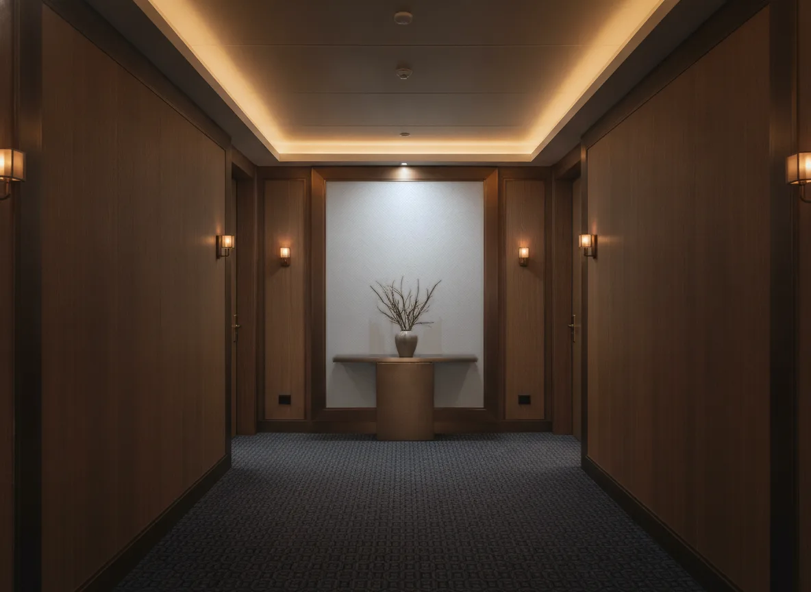 Tapeta obiektowa Ravia W-1792-104 — Ciemny korytarz hotelowy — ściana na końcu