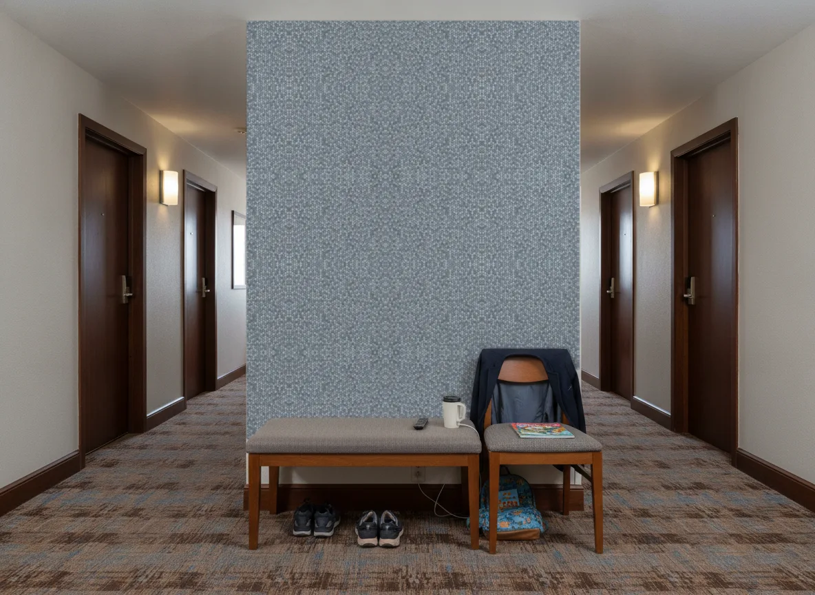 Drobne heksagony — Korytarz hotelowy — ściana na końcu