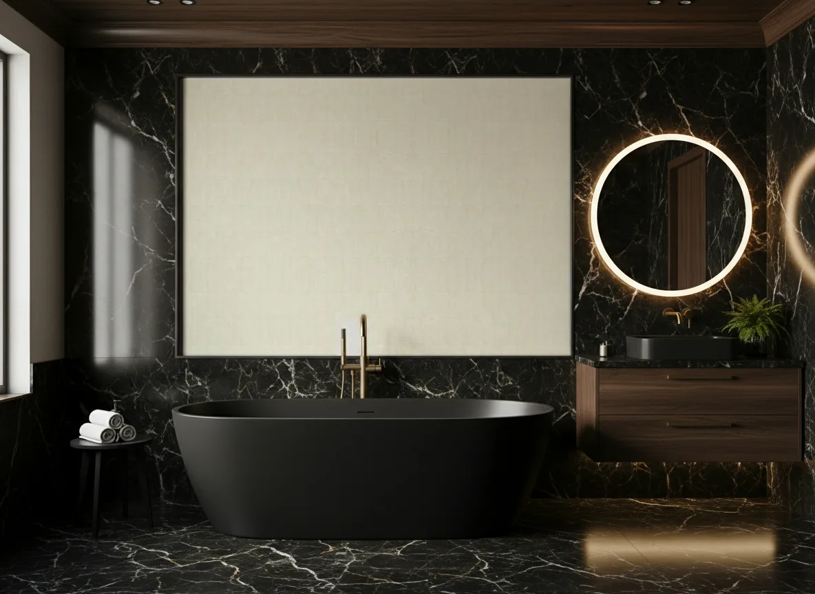 Bizen Texture Cerame — Czarna łazienka — pole za wanną