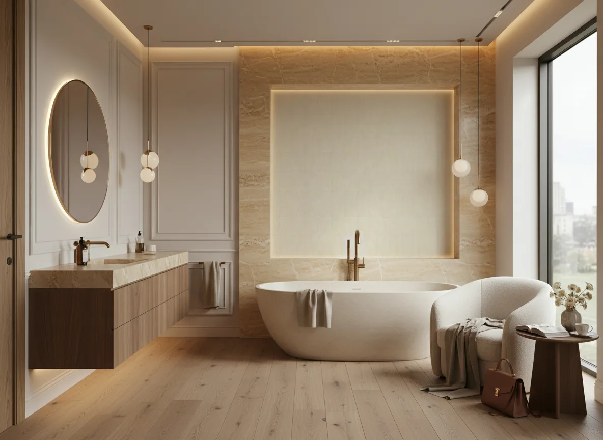 Bizen Texture Cerame — Łazienka — pole za wanną w trawertynie