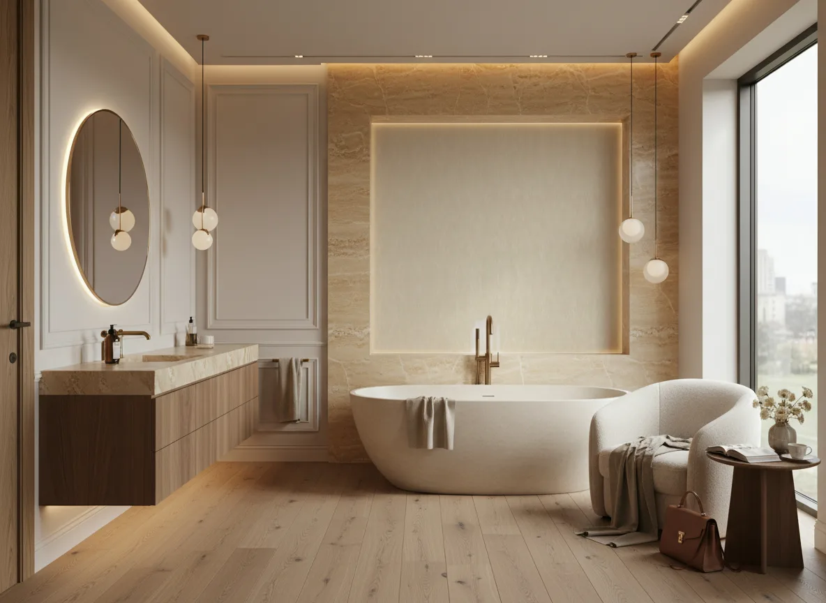 Keramos Texture Cerame — Łazienka — pole za wanną w trawertynie