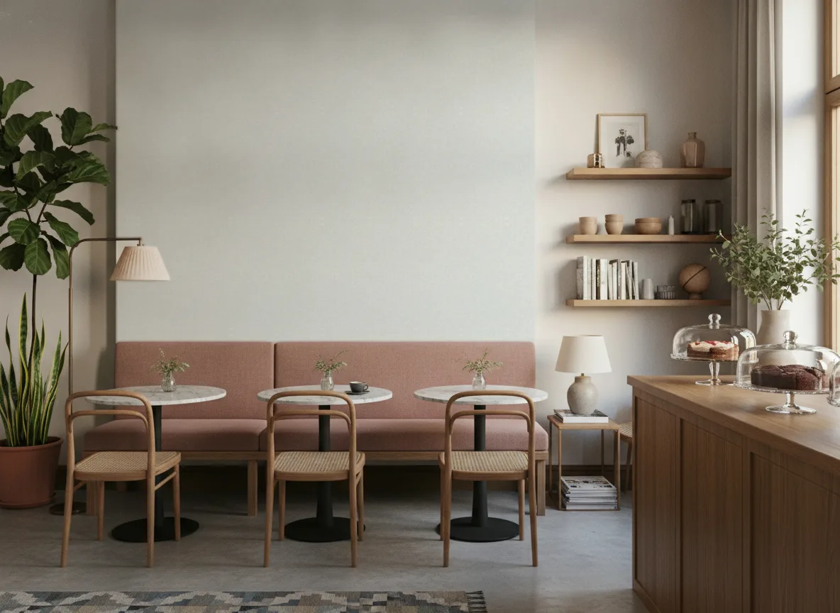 Concept Beton — Kawiarnia z różową ławą