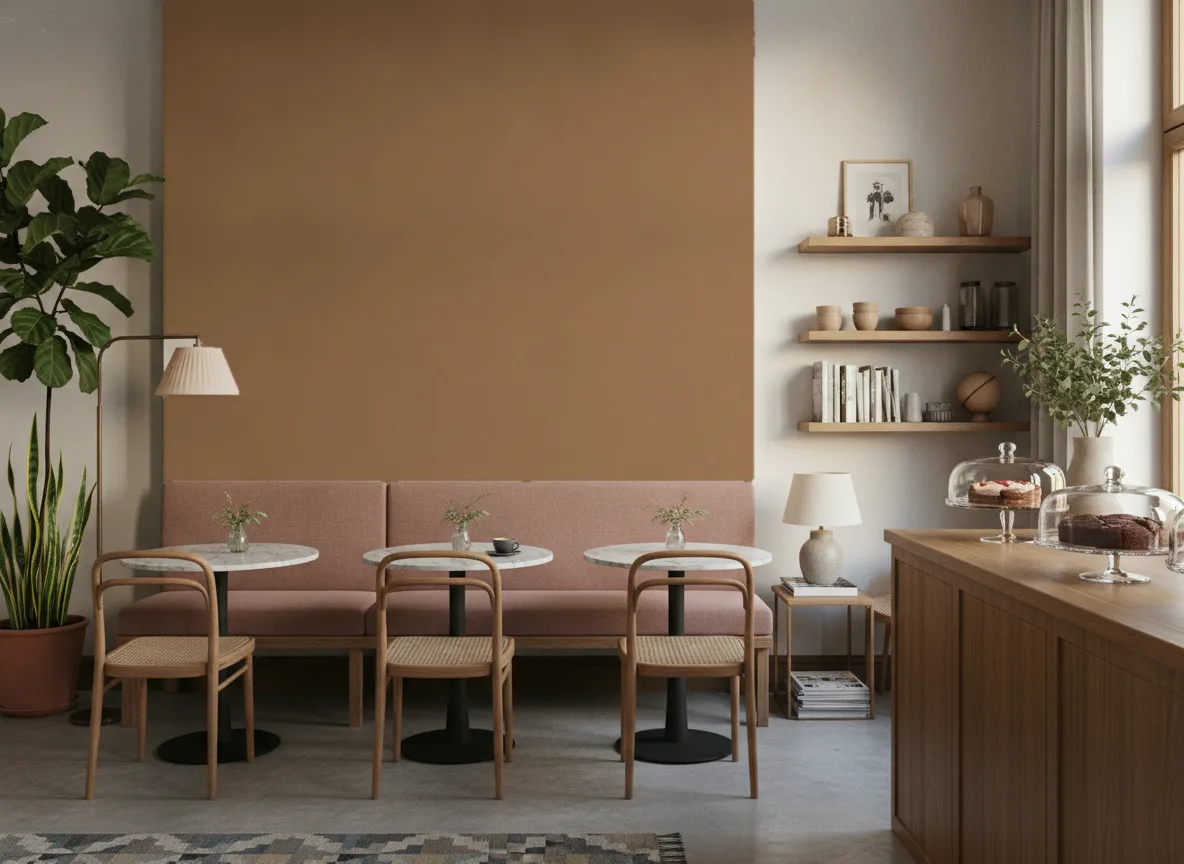 Minimalistyczna metaliczna — Kawiarnia z różową ławą