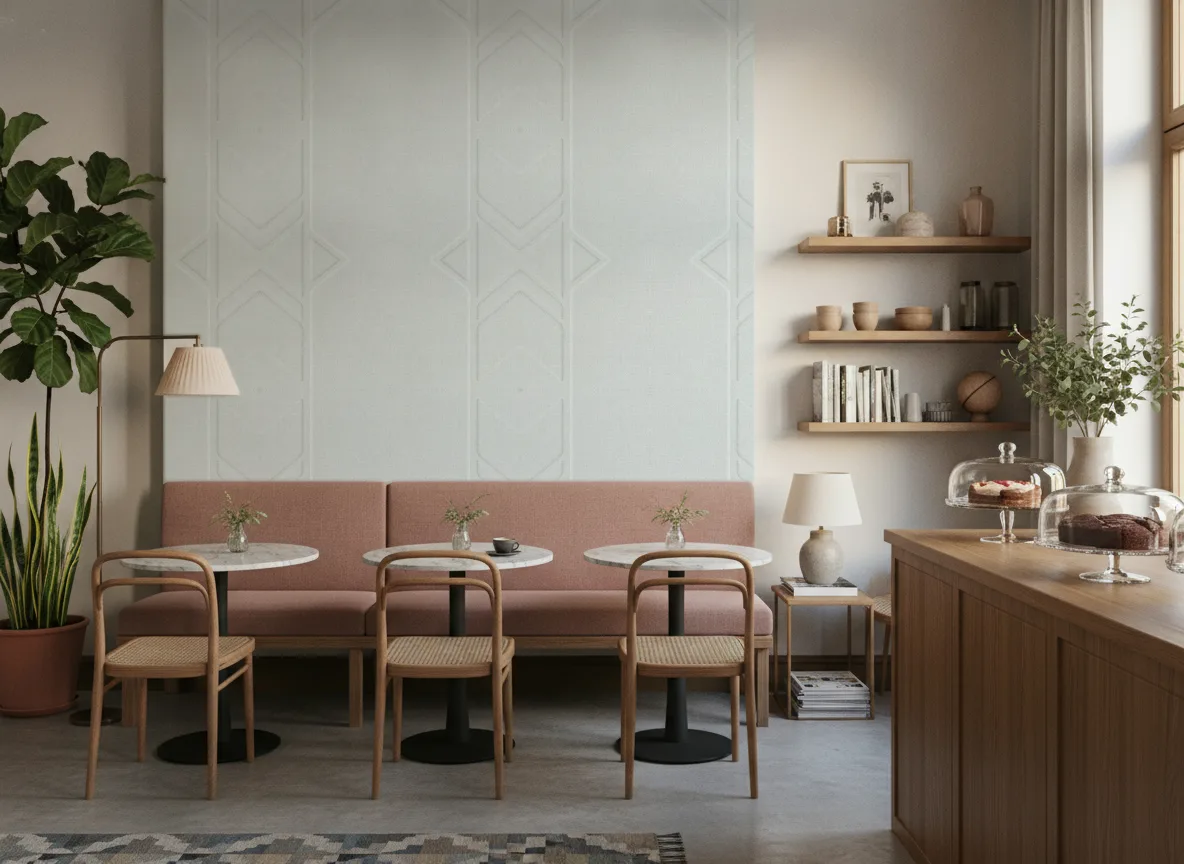 Polyform Vinacoustic Gallery — Kawiarnia z różową ławą