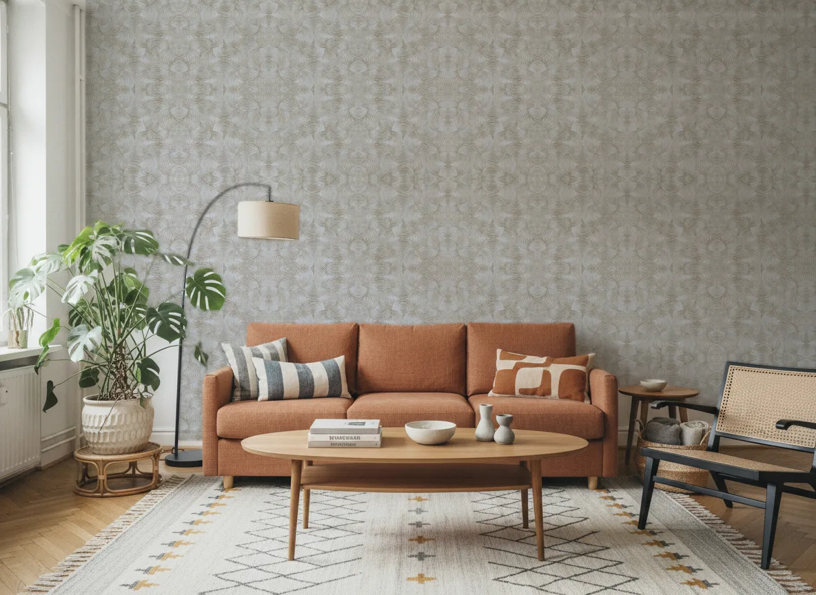 Aphelie Magnitude – Textures — Salon z terakotową sofą