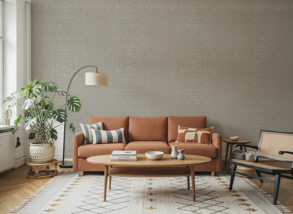 Songket Nature Precieuse – Textures — Salon z terakotową sofą