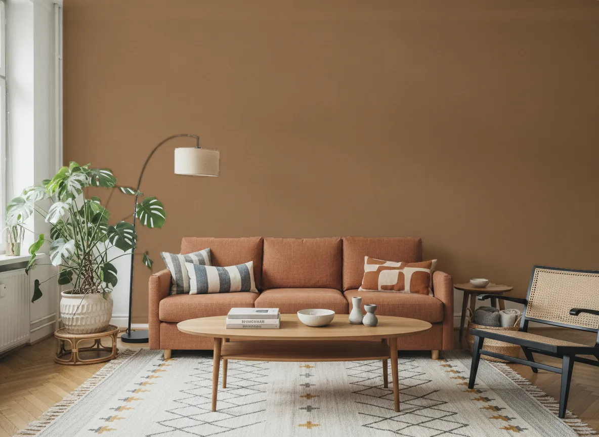 Minimalistyczna metaliczna — Salon z terakotową sofą