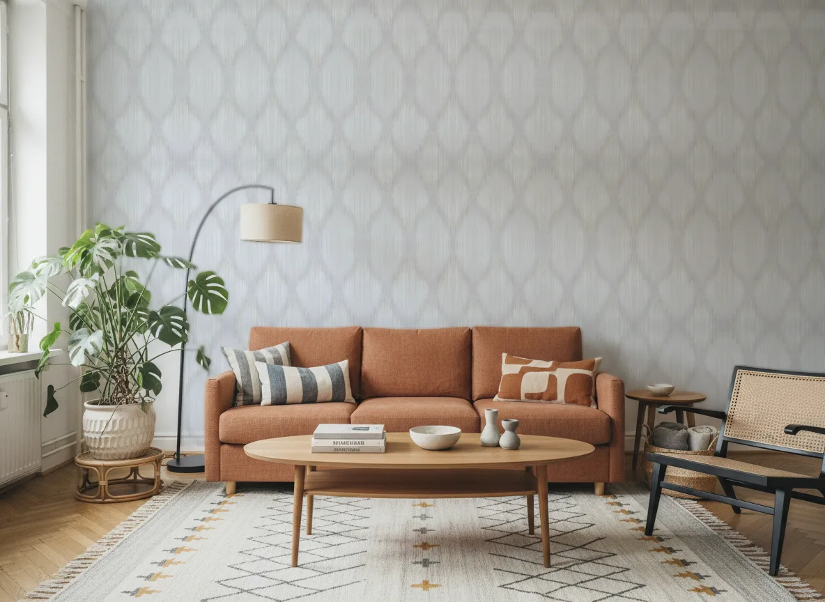 Świetliste smugi — Salon z terakotową sofą