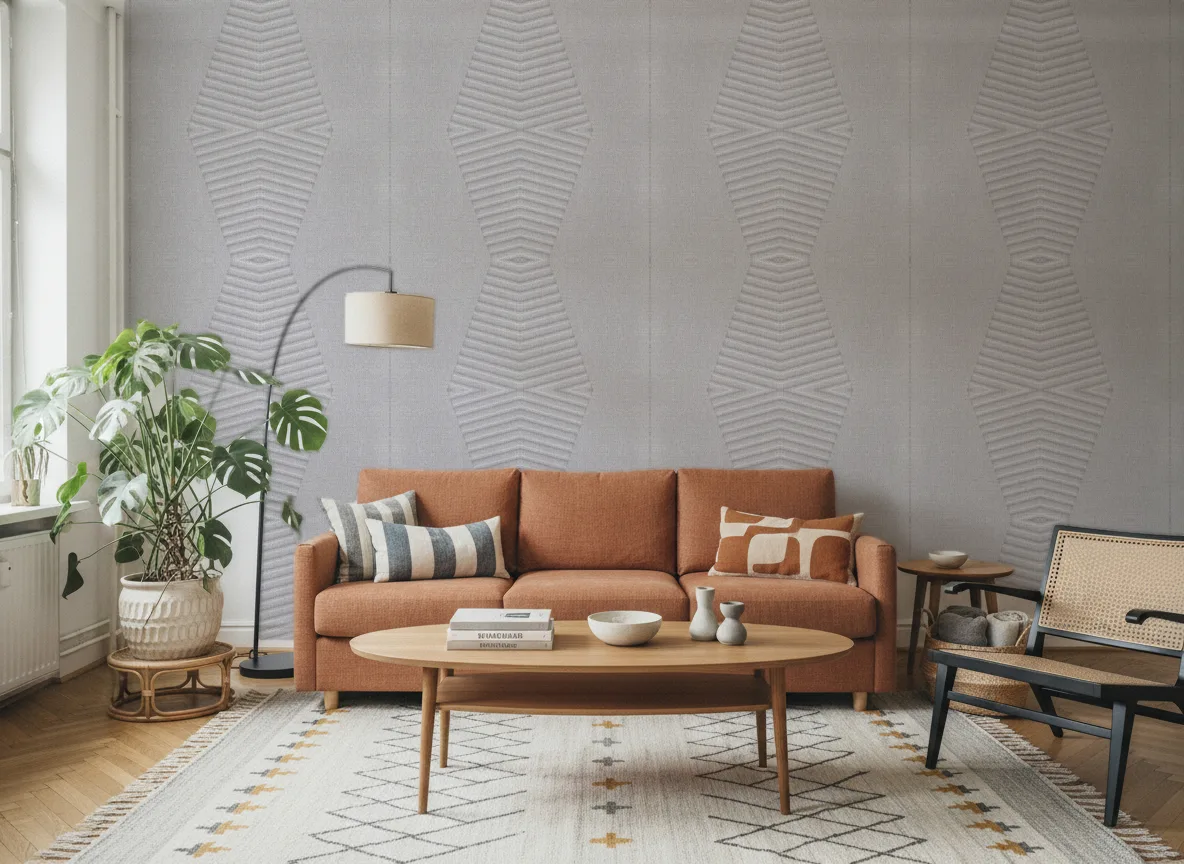 Polyform Vinacoustic Arcad — Salon z terakotową sofą