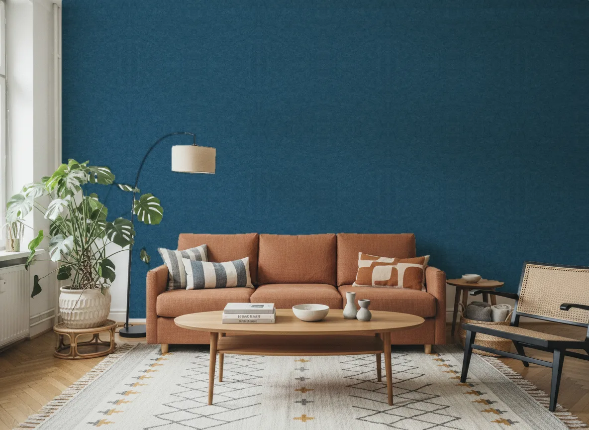 Slimwall Tiles — Salon z terakotową sofą