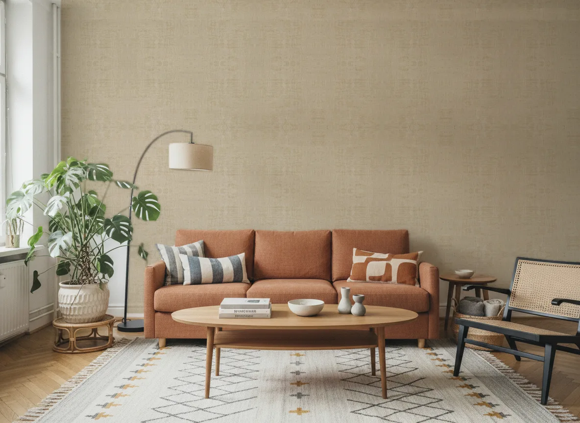 Velvet — Salon z terakotową sofą