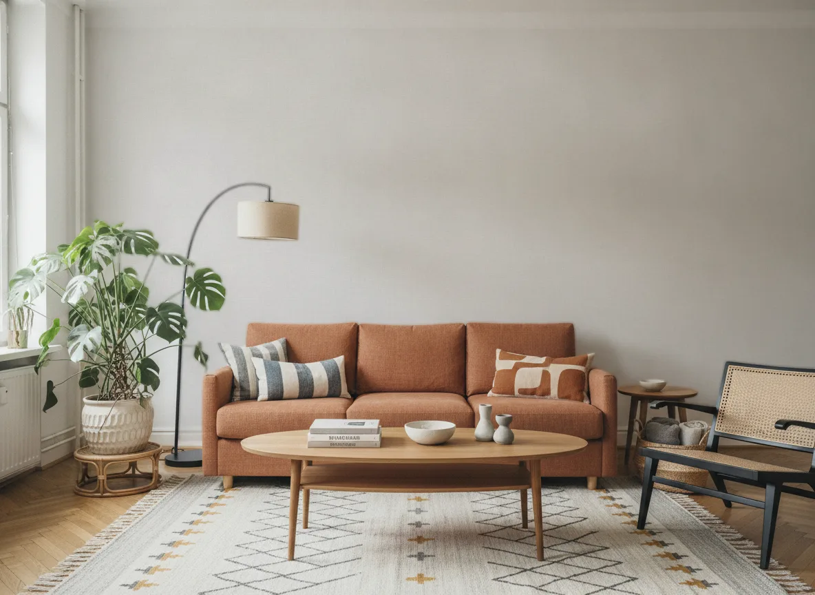 Vinacoustic Linen 2 — Salon z terakotową sofą