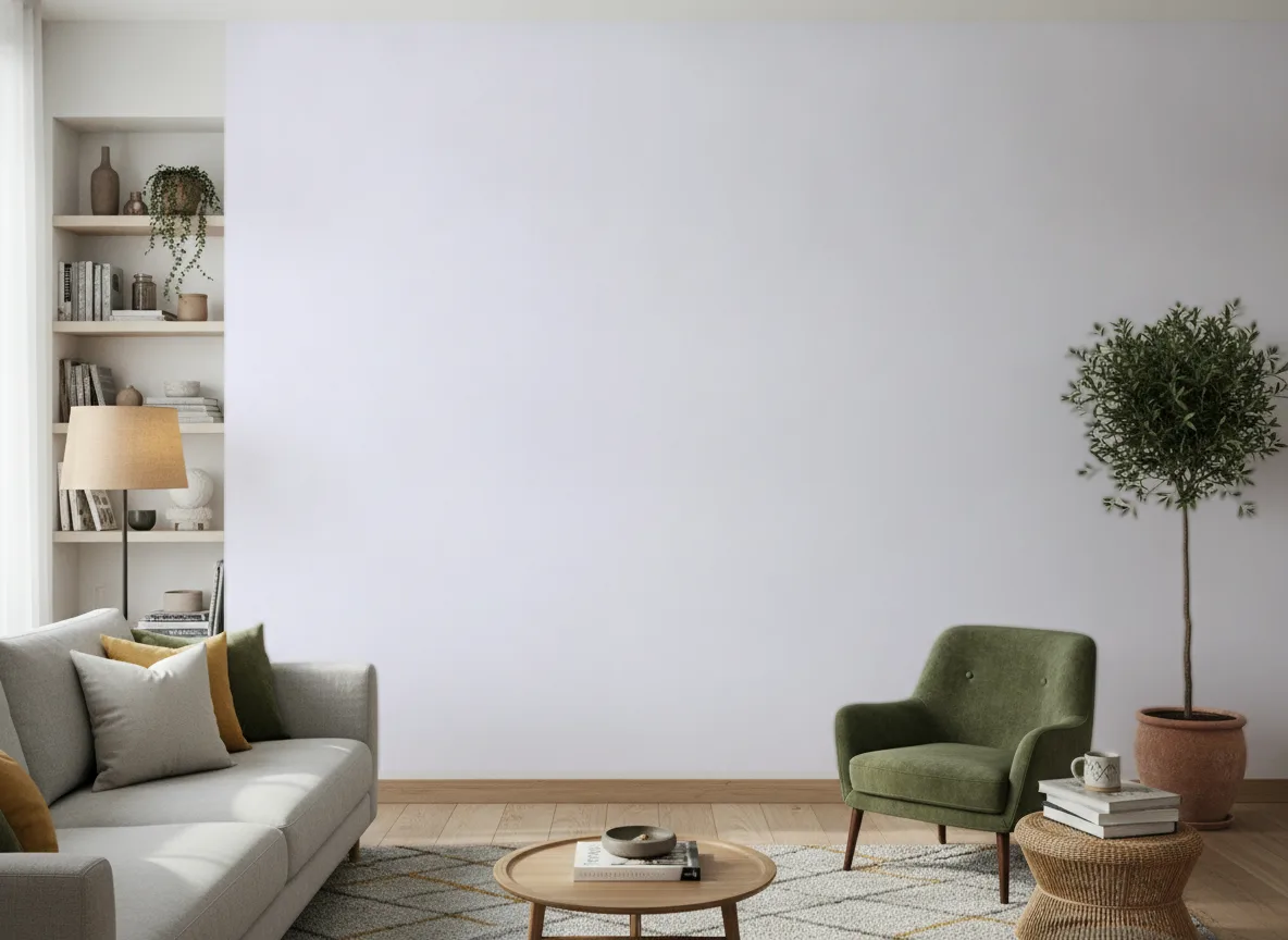 Minimalistyczna — Salon z zielonym fotelem