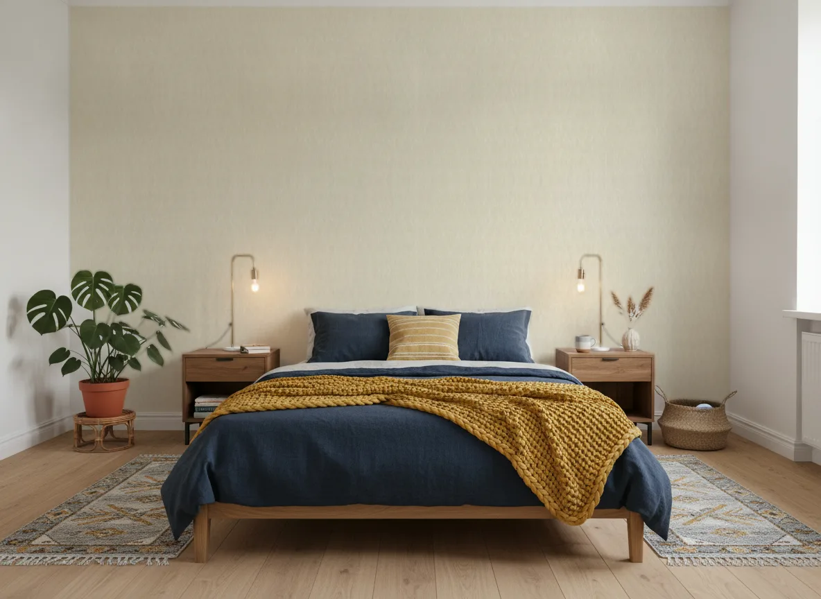 Keramos Texture Cerame — Sypialnia z granatową pościelą
