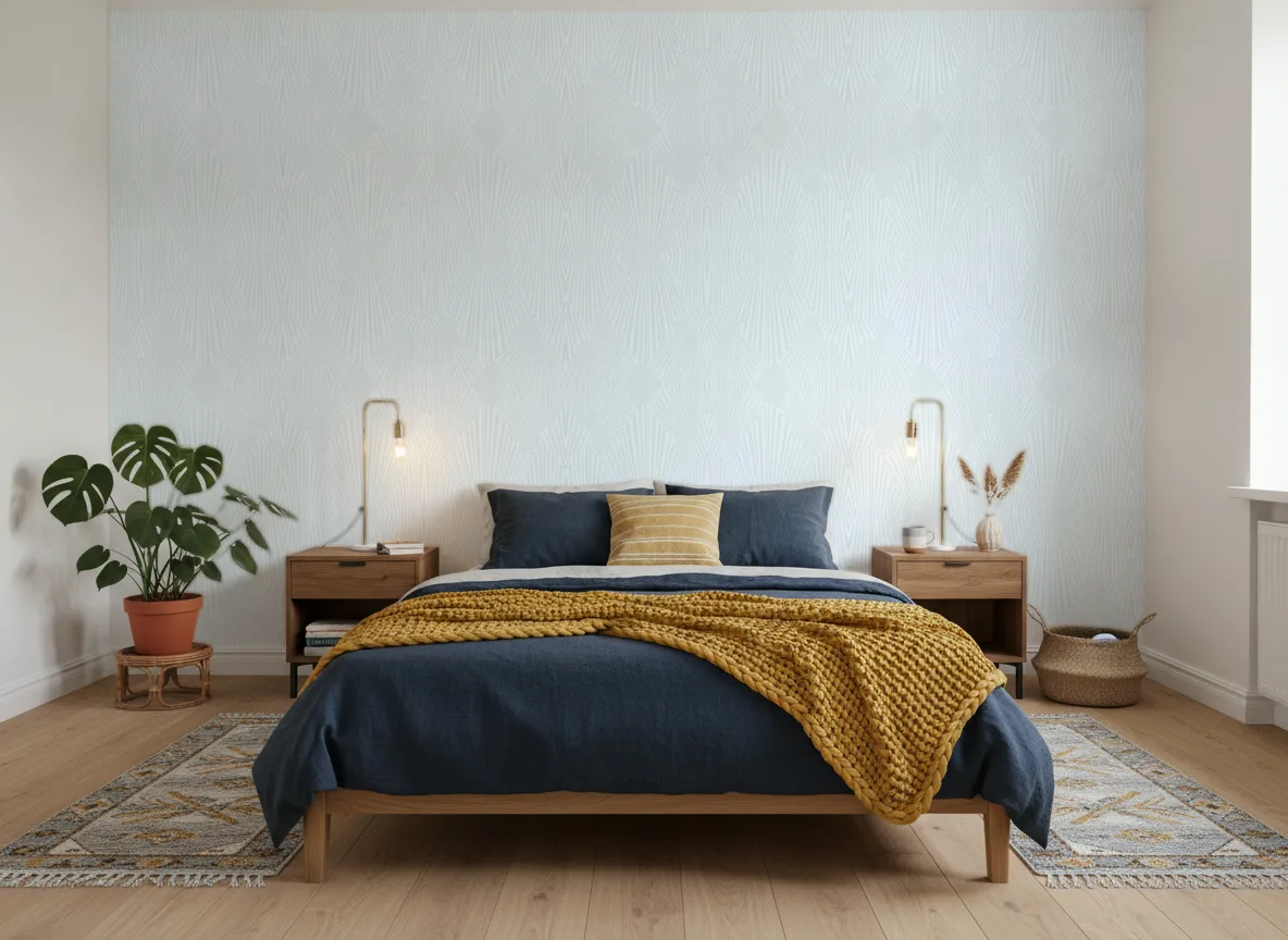 Eleganckie wachlarze — Sypialnia z granatową pościelą