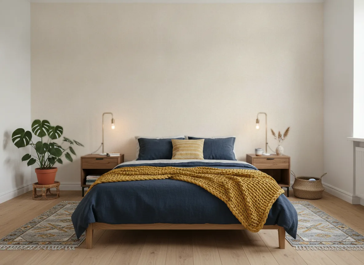 Vinacoustic Linen 3 — Sypialnia z granatową pościelą