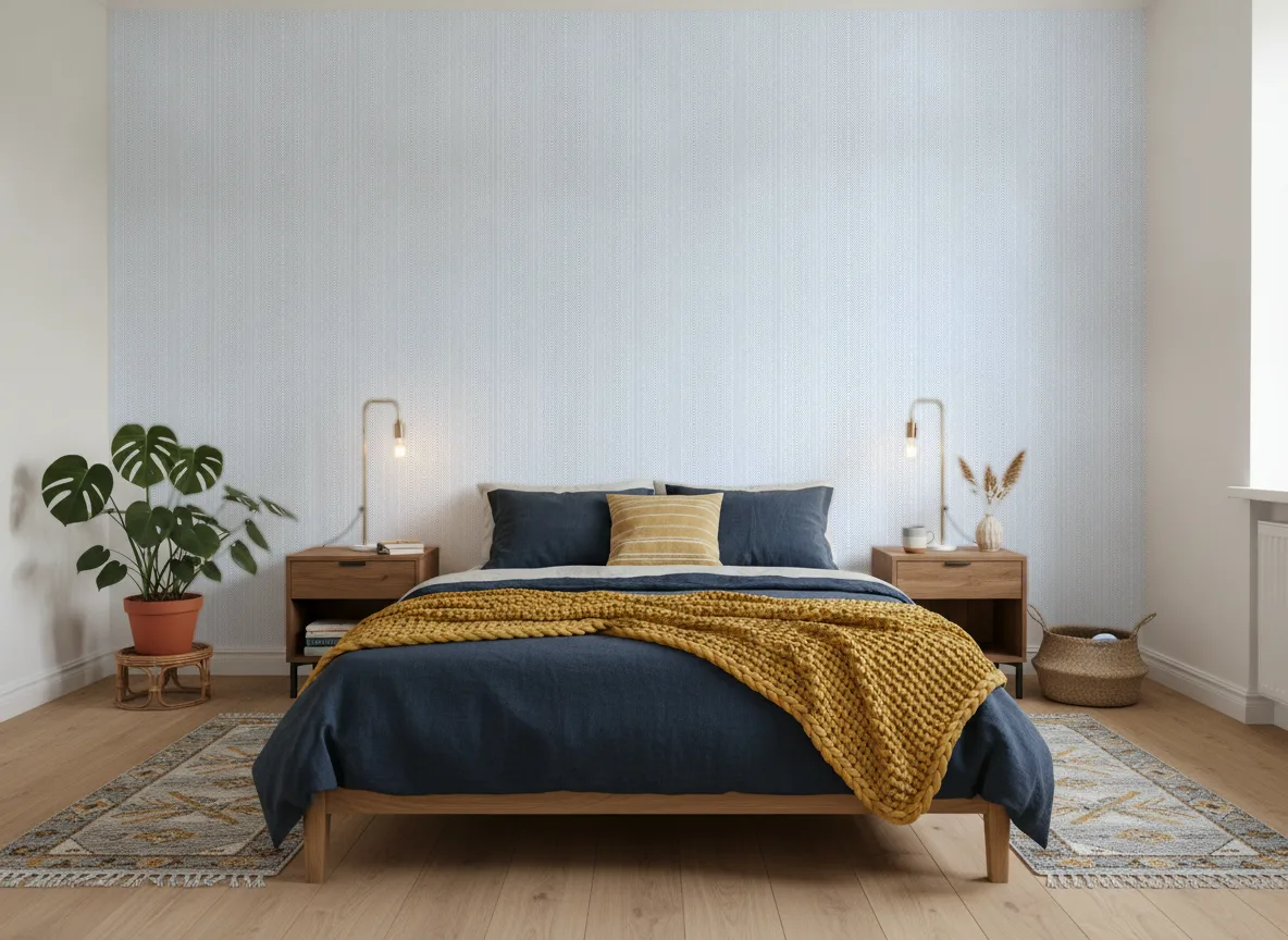 Tapeta obiektowa Lana W-31426-103 — Sypialnia z granatową pościelą
