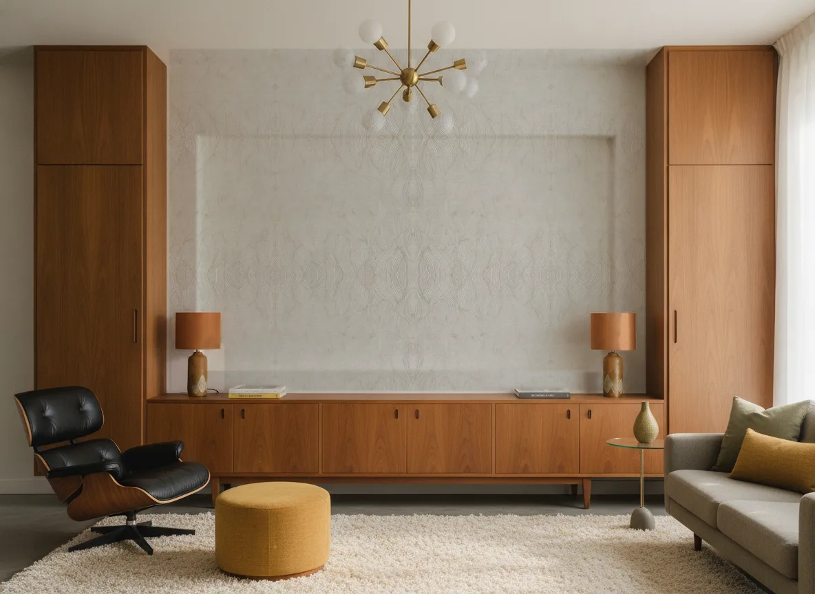 Alaris — Salon mid-century — ściana między tekowymi szafami