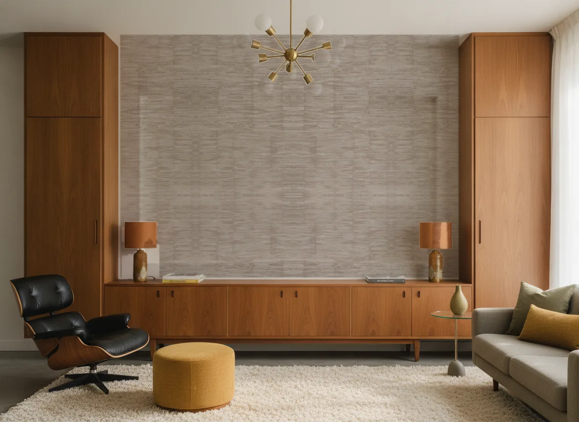Alchemilla Feroe — Salon mid-century — ściana między tekowymi szafami
