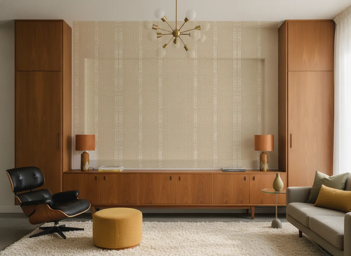 Andati — Salon mid-century — ściana między tekowymi szafami