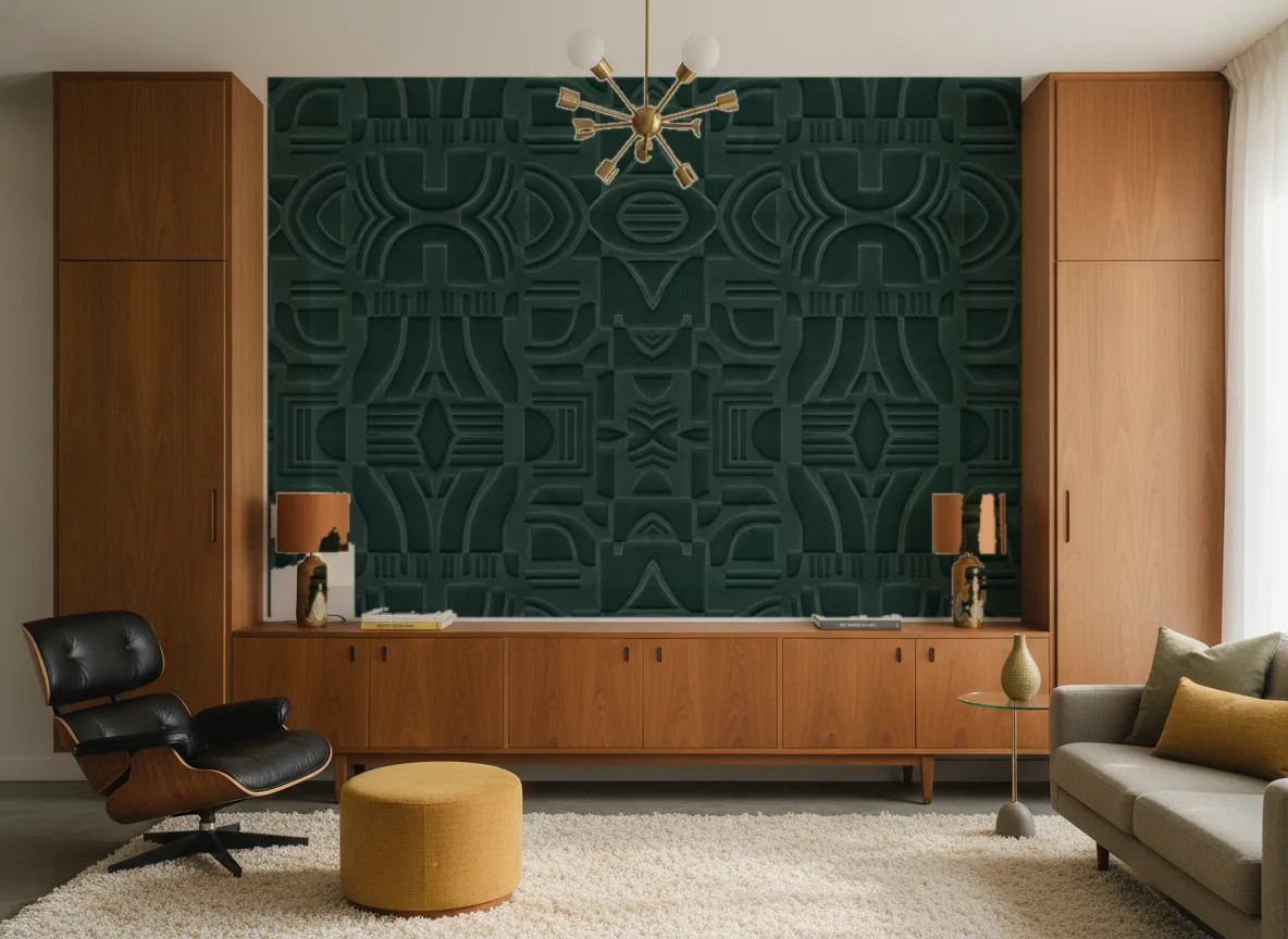 Arcane — Salon mid-century — ściana między tekowymi szafami