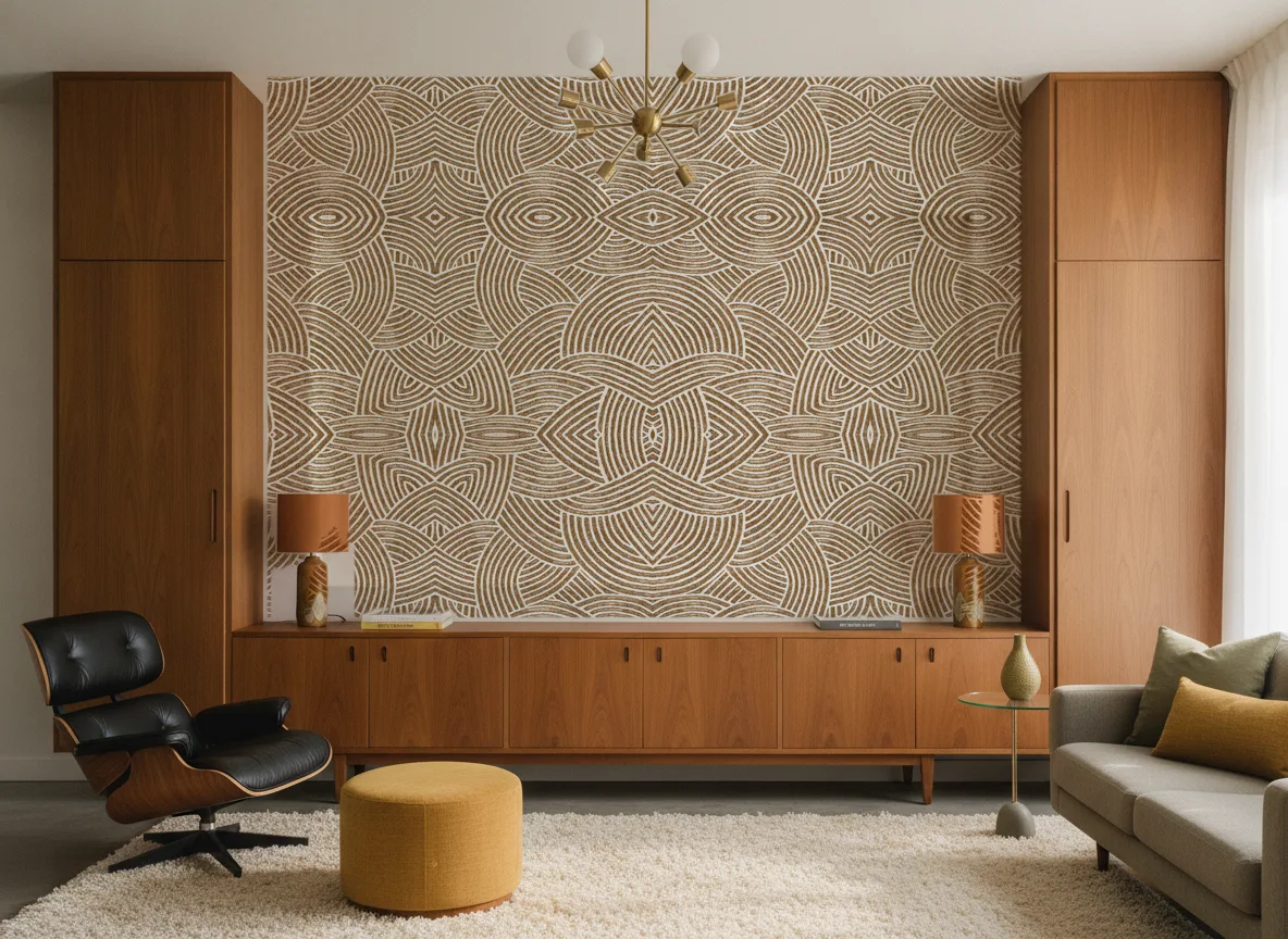 Assouan — Salon mid-century — ściana między tekowymi szafami