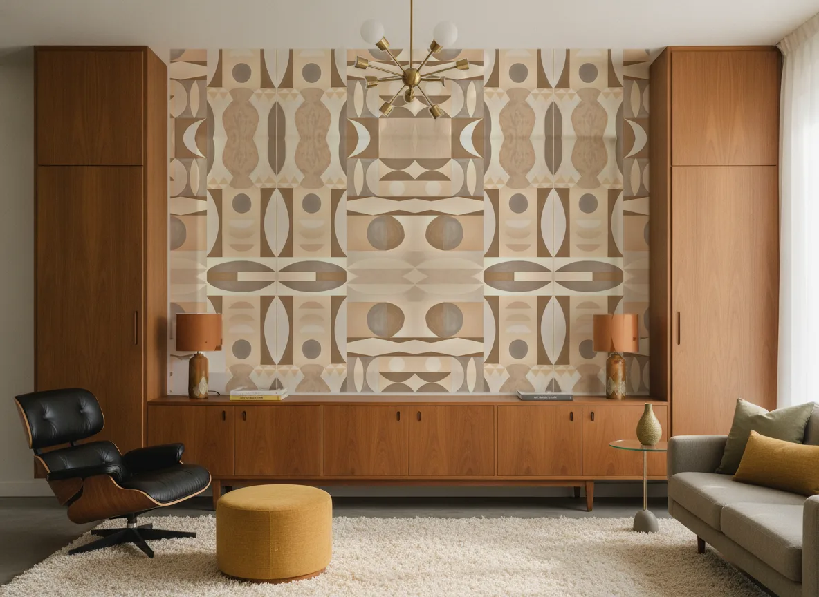 Auguste — Salon mid-century — ściana między tekowymi szafami