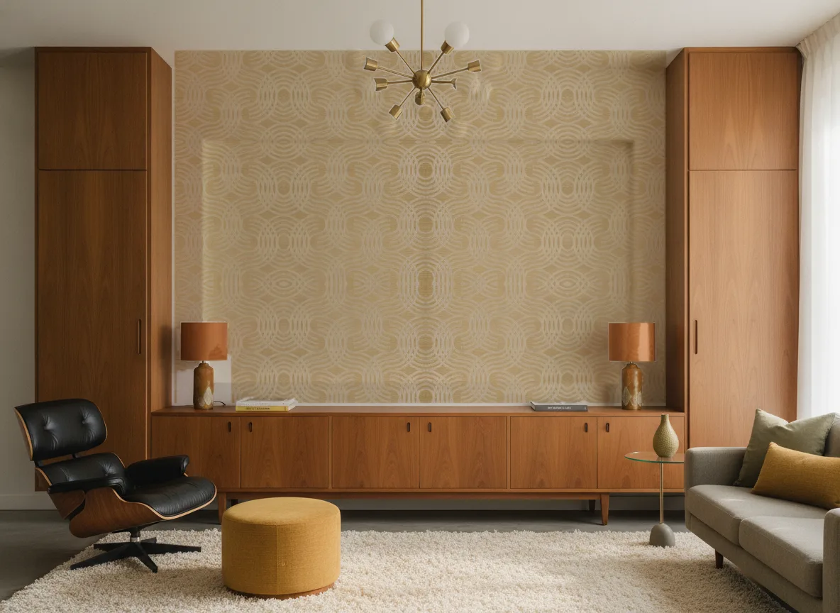 Auraria Textures Metalliques — Salon mid-century — ściana między tekowymi szafami