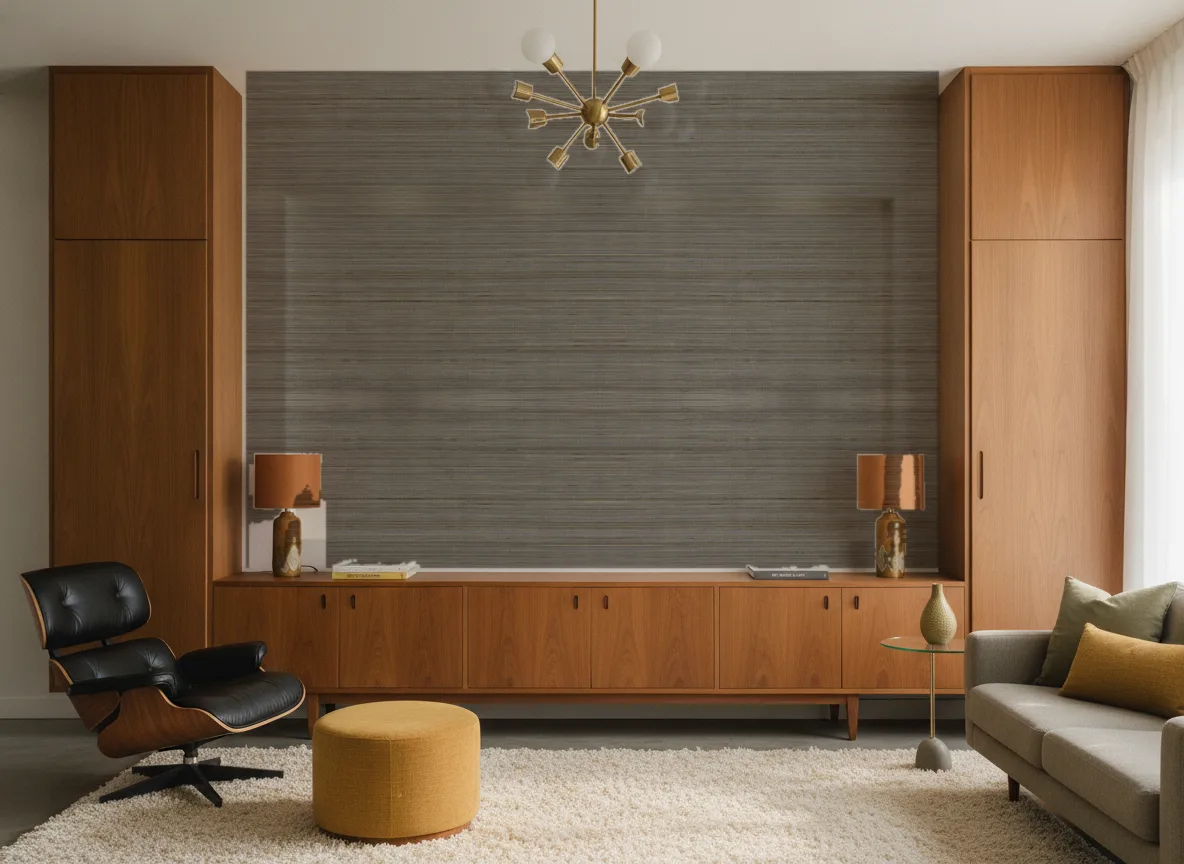 Bambou — Salon mid-century — ściana między tekowymi szafami