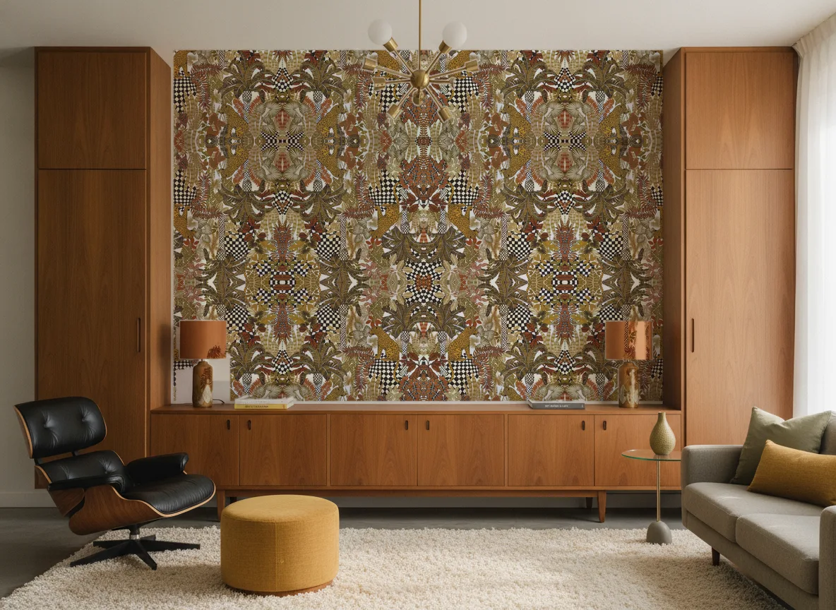 Belize — Salon mid-century — ściana między tekowymi szafami