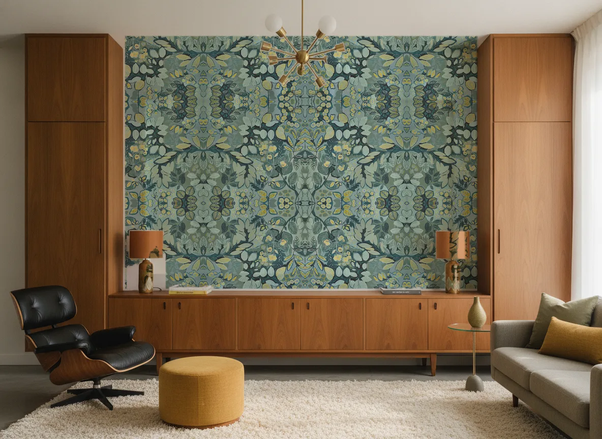 Belle de nuit Ete Indien — Salon mid-century — ściana między tekowymi szafami