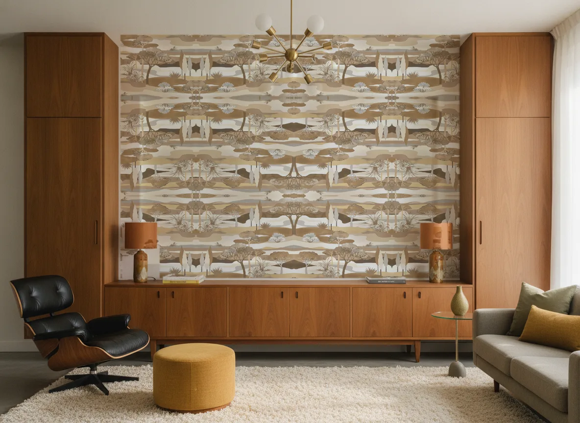Cap Ferret L'Ile Aux Oiseaux — Salon mid-century — ściana między tekowymi szafami